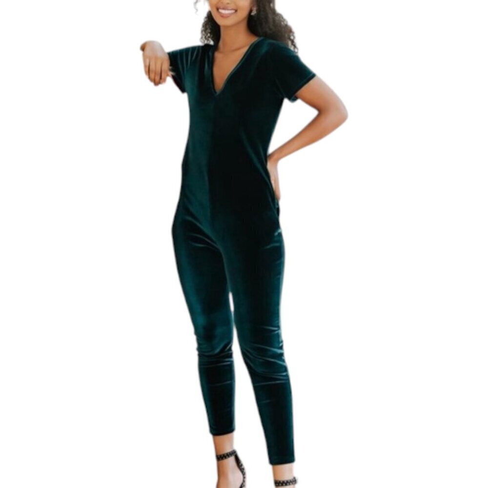 Smash + Tess Sunday Emerald Green Velvet Short Sleeve Romper / Jumpsuit Sz XS